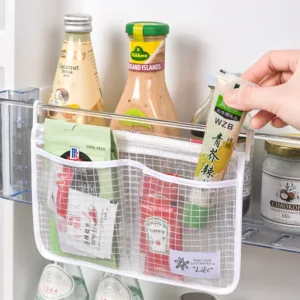 1pc Refrigerator Storage Mesh Bag Hanging Portable Seasoning Food Snacks Net Double Compartment Kitchen Fruits Storage Bags 2