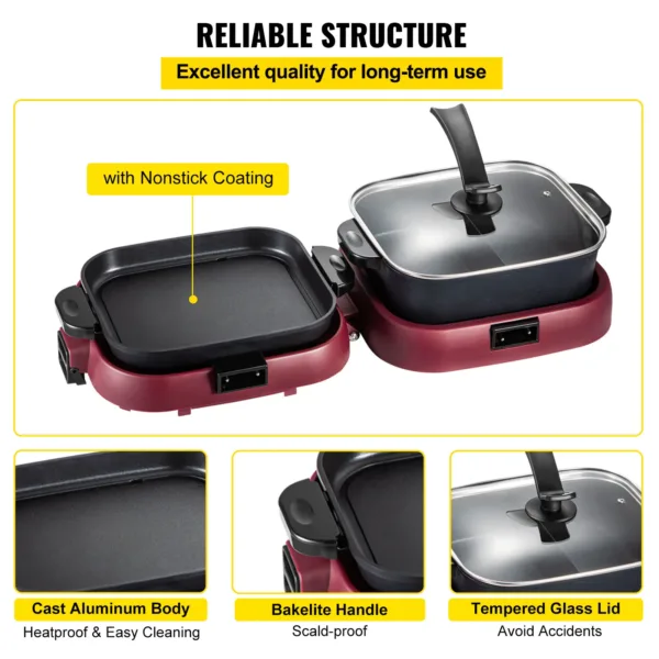 VEVOR 2 in 1 Electric Hot Pot BBQ Grill 2000W Multifunction Portable Home Foldable Non-Stick Split Pot Smokeless Barbecue Pan 5