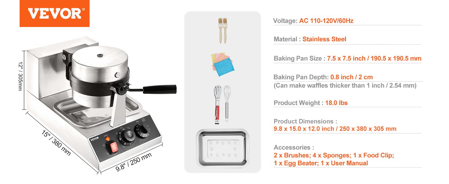 VEVOR Electric Waffle Maker Round Waffle Iron Non-Stick Waffle Baker Machine Teflon-Coated Baking Pans Stainless Steel for Home