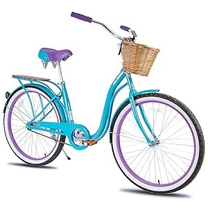 Hiland 26 Inch Beach Bike for Women, Single Speed Commuter Bicycle with Basket and Rear Cargo, Multiple Colors City Bike