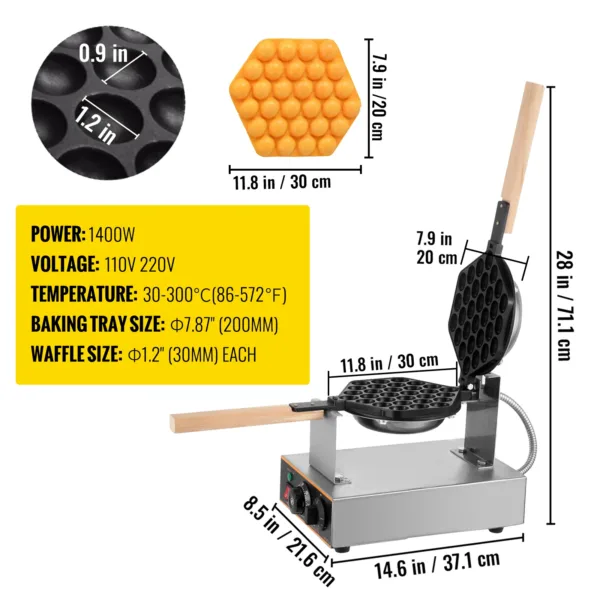 VEVOR Commercial Egg Bubble Waffle Maker 1400W Bubble Puff Iron w/ 180° Rotatable 2 Pans & Wooden Handles Stainless Steel Baker 6