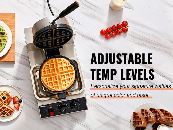 VEVOR Electric Waffle Maker Round Waffle Iron Non-Stick Waffle Baker Machine Teflon-Coated Baking Pans Stainless Steel for Home