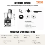 VEVOR Food Processor,600W Stainless Steel Blade Professional Electric Food Chopper, Easy Assembly & Clean,for Chopping, Mixing 7