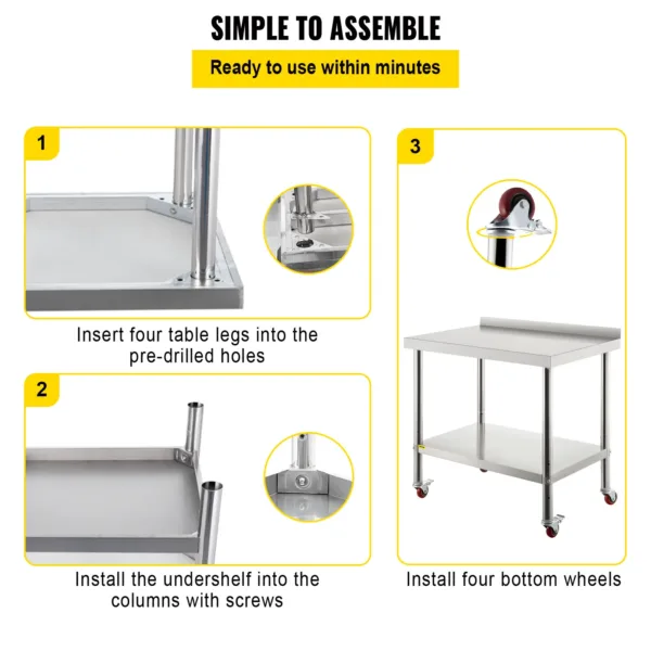 VEVOR Stainless Steel Prep Table, 36 x 24 x 35 Inch, 440lbs Load Capacity Heavy Duty Metal Worktable with Backsplash for Kitchen 6