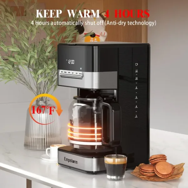 Programmable Drip Coffee Maker 4-12 Cup with Glass Carafe, 4-Hour Auto Shut Off & Keep Warm, Anti-Drip System, Strong Brew 4