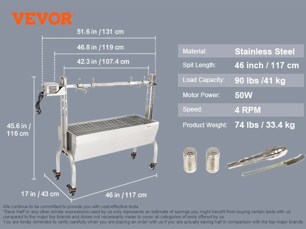 VEVOR Stainless Steel Rotisserie Grill BBQ Whole Pig Charcoal Spit Grill, Electric BBQ Hog Rotisserie, Lamb Rotisserie System