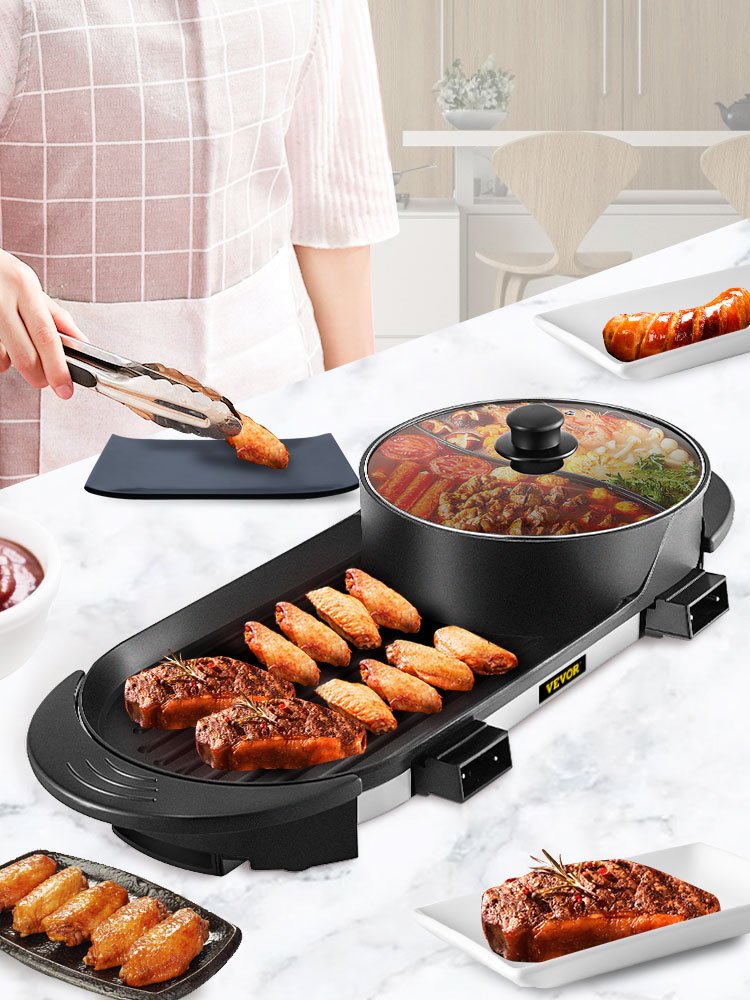 VEVOR 2 in 1 Electric BBQ Pan Grill Hot Pot Portable Smokeless Durable Material Fast Even Heated for Shellfish Vegetables Home