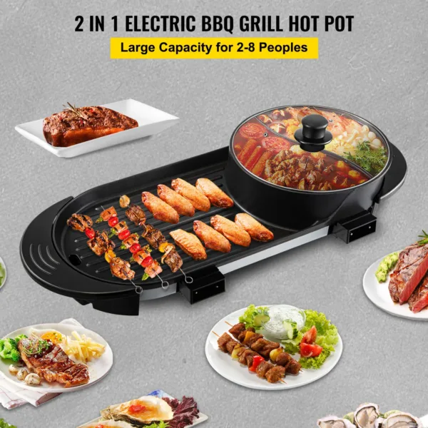 VEVOR 2 in 1 Electric BBQ Pan Grill Hot Pot Portable Smokeless Durable Material Fast Even Heated for Shellfish Vegetables Home 2