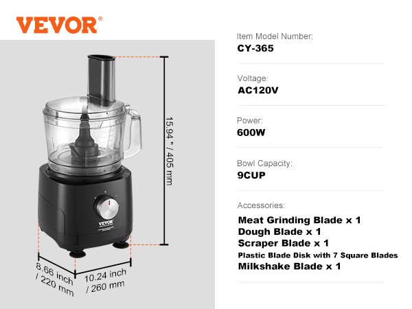 VEVOR Food Processor,600W Stainless Steel Blade Professional Electric Food Chopper, Easy Assembly & Clean,for Chopping, Mixing