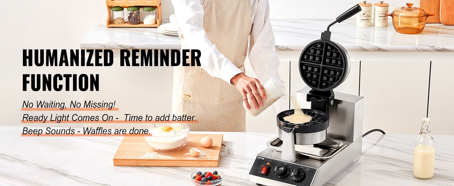 VEVOR Electric Waffle Maker Round Waffle Iron Non-Stick Waffle Baker Machine Teflon-Coated Baking Pans Stainless Steel for Home