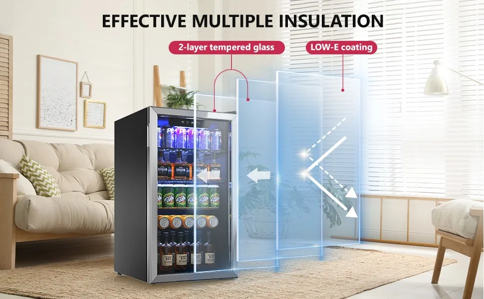 Beverage Refrigerator Cooler - 126 Can Mini Fridge with Glass Door for Soda Beer or Wine, with Adjustable Removable Shelves