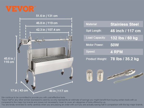 VEVOR Stainless Steel Rotisserie Grill BBQ Whole Pig Charcoal Spit Grill, Electric BBQ Hog Rotisserie, Lamb Rotisserie System