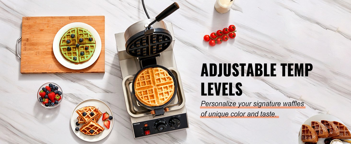 VEVOR Electric Waffle Maker Round Waffle Iron Non-Stick Waffle Baker Machine Teflon-Coated Baking Pans Stainless Steel for Home