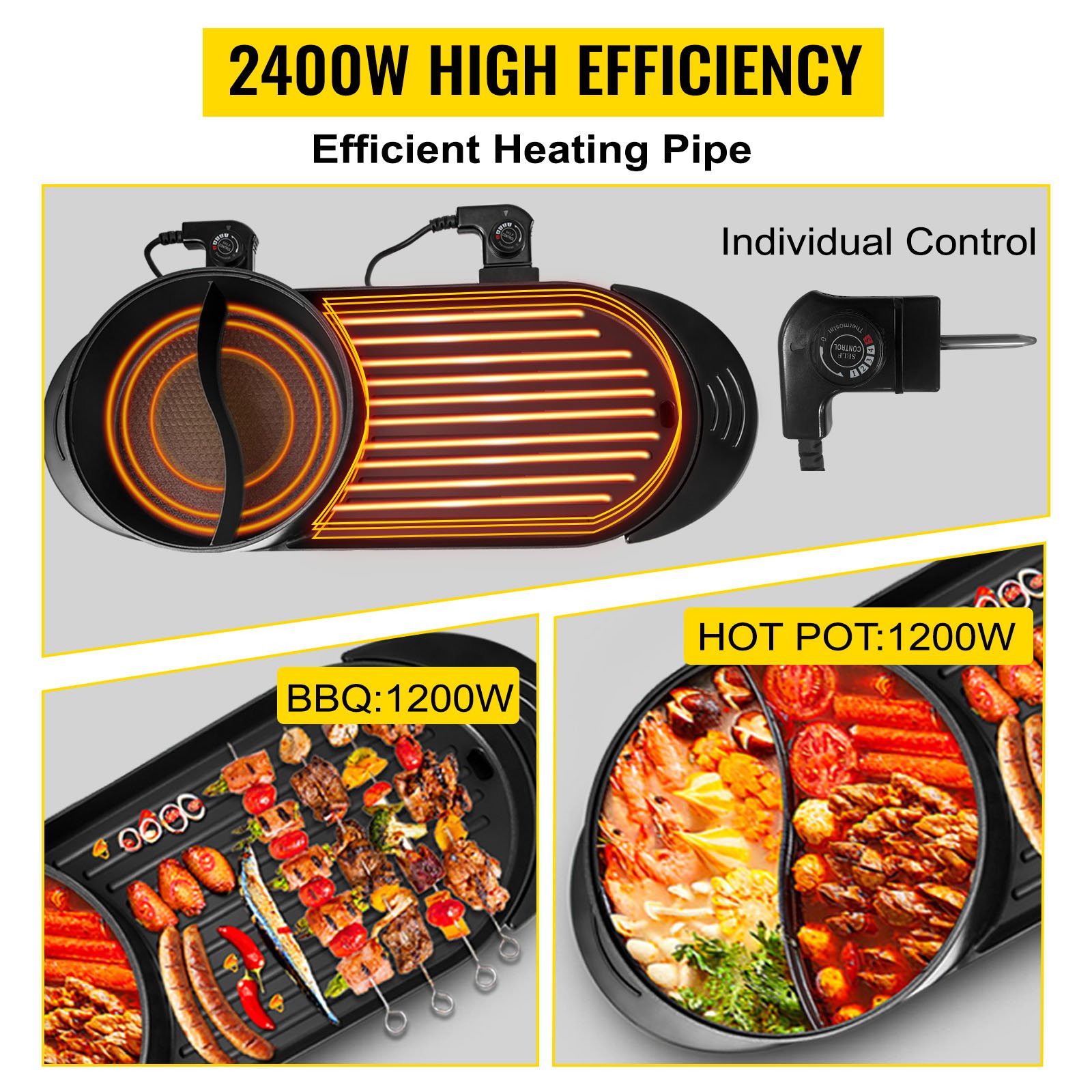 VEVOR 2 in 1 Electric BBQ Pan Grill Hot Pot Portable Smokeless Durable Material Fast Even Heated for Shellfish Vegetables Home