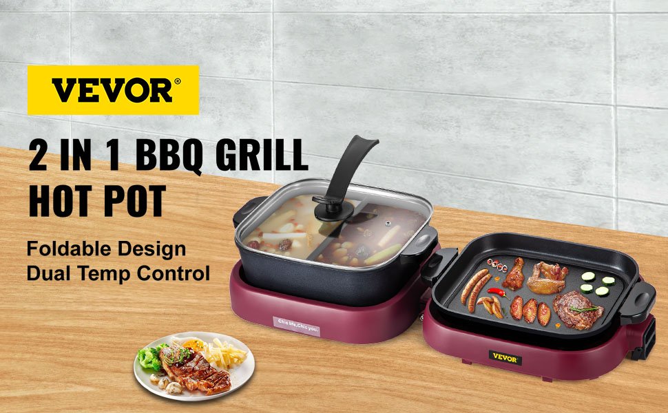 VEVOR 2 in 1 Electric Hot Pot BBQ Grill 2000W Multifunction Portable Home Foldable Non-Stick Split Pot Smokeless Barbecue Pan