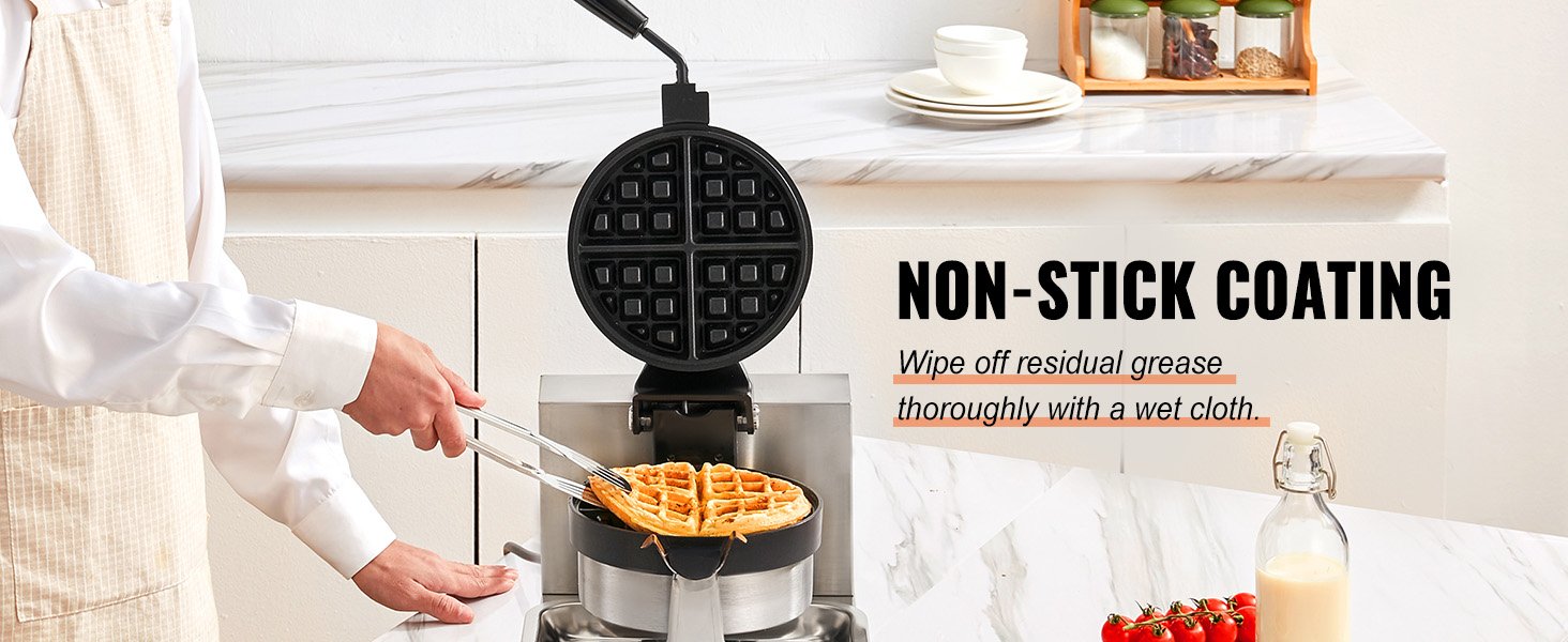 VEVOR Electric Waffle Maker Round Waffle Iron Non-Stick Waffle Baker Machine Teflon-Coated Baking Pans Stainless Steel for Home