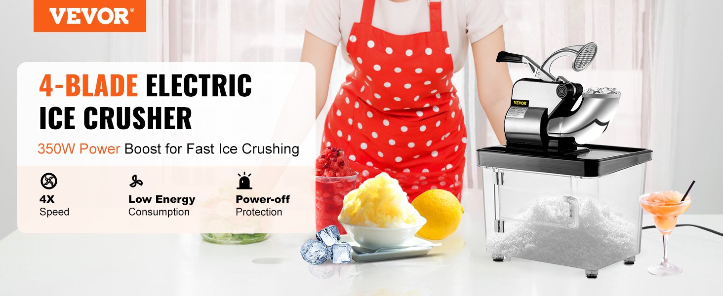 VEVOR Commercial Ice Crusher 300W Electric Snow Cone Machine with Dual Blades Stainless Steel Shaved Ice Machine for Family Bars