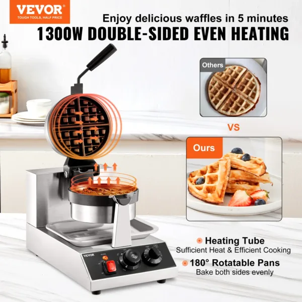 VEVOR Electric Waffle Maker Round Waffle Iron Non-Stick Waffle Baker Machine Teflon-Coated Baking Pans Stainless Steel for Home 2