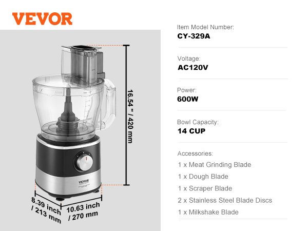 VEVOR Food Processor,600W Stainless Steel Blade Professional Electric Food Chopper, Easy Assembly & Clean,for Chopping, Mixing