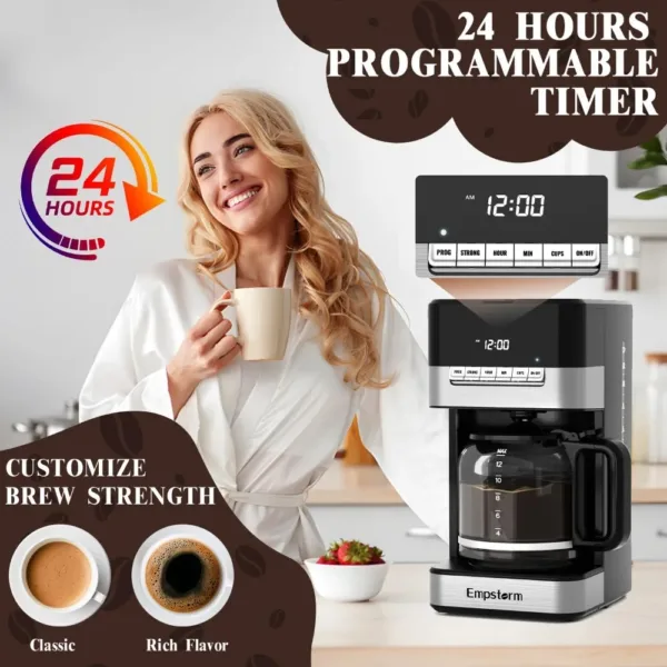 Programmable Drip Coffee Maker 4-12 Cup with Glass Carafe, 4-Hour Auto Shut Off & Keep Warm, Anti-Drip System, Strong Brew 2