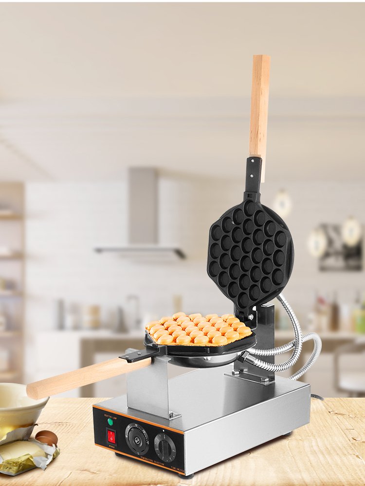 VEVOR Commercial Egg Bubble Waffle Maker 1400W Bubble Puff Iron w/ 180° Rotatable 2 Pans & Wooden Handles Stainless Steel Baker