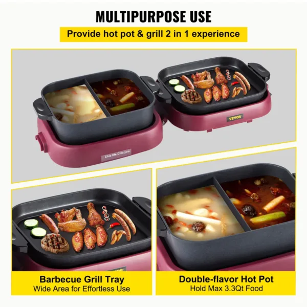 VEVOR 2 in 1 Electric Hot Pot BBQ Grill 2000W Multifunction Portable Home Foldable Non-Stick Split Pot Smokeless Barbecue Pan 3