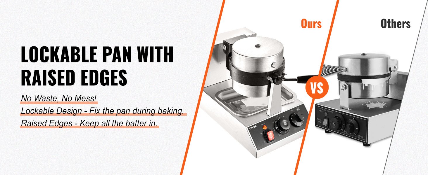 VEVOR Electric Waffle Maker Round Waffle Iron Non-Stick Waffle Baker Machine Teflon-Coated Baking Pans Stainless Steel for Home