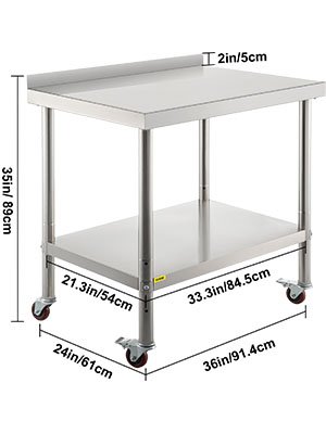 VEVOR Stainless Steel Prep Table, 36 x 24 x 35 Inch, 440lbs Load Capacity Heavy Duty Metal Worktable with Backsplash for Kitchen