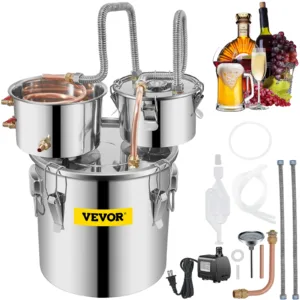 VEVOR 3/5/8 Gal Stainless Steel Alcohol Distiller with Copper Tube & Build-in Thermometer Double Thumper Keg Home Brewing Kit 1