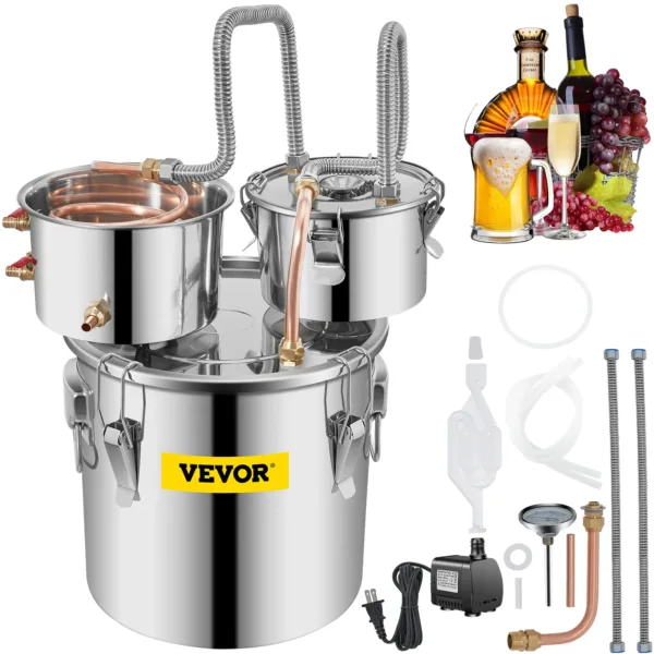 VEVOR 3/5/8 Gal Stainless Steel Alcohol Distiller with Copper Tube & Build-in Thermometer Double Thumper Keg Home Brewing Kit 1