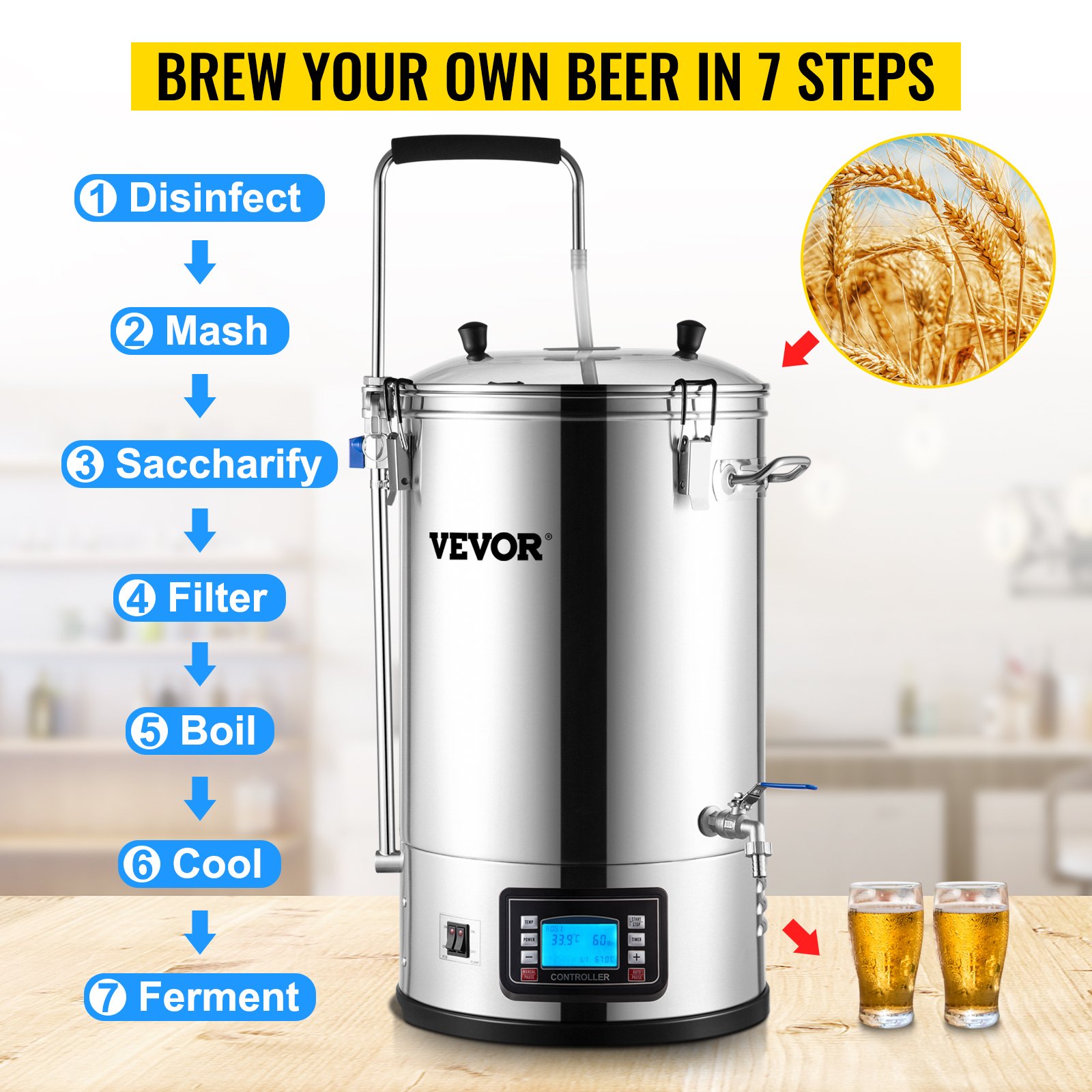 VEVOR 35L 110/220V 304 Stainless Steel All-in-One Home Beer Brewer Electric Brewing System with Pump Brewing Beer Equipment Kit