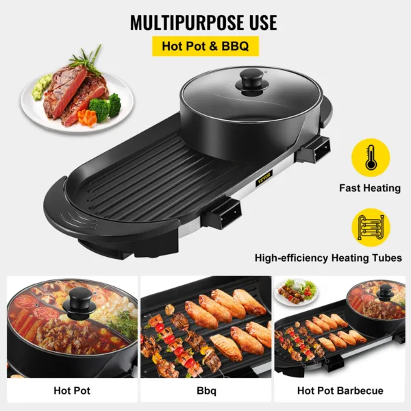 VEVOR 2 in 1 Electric BBQ Pan Grill Hot Pot Portable Smokeless Durable Material Fast Even Heated for Shellfish Vegetables Home 3