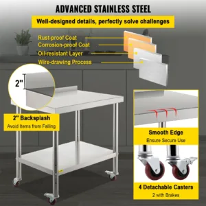 VEVOR Stainless Steel Prep Table, 36 x 24 x 35 Inch, 440lbs Load Capacity Heavy Duty Metal Worktable with Backsplash for Kitchen 5