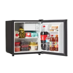 1.7 Cubic Foot Compact Dorm Refrigerator, Black, Reversible door, allows opening on left or right, Mechanical thermostat. 2