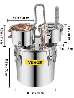 VEVOR 3/5/8 Gal Stainless Steel Alcohol Distiller with Copper Tube & Build-in Thermometer Double Thumper Keg Home Brewing Kit