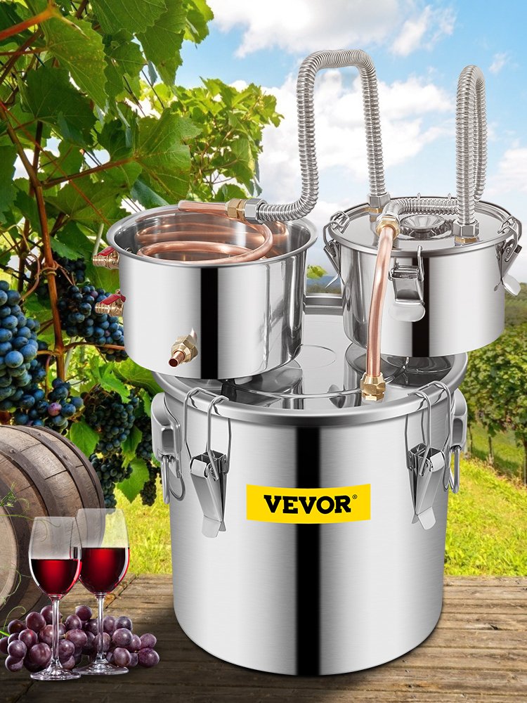 VEVOR 3/5/8 Gal Stainless Steel Alcohol Distiller with Copper Tube & Build-in Thermometer Double Thumper Keg Home Brewing Kit