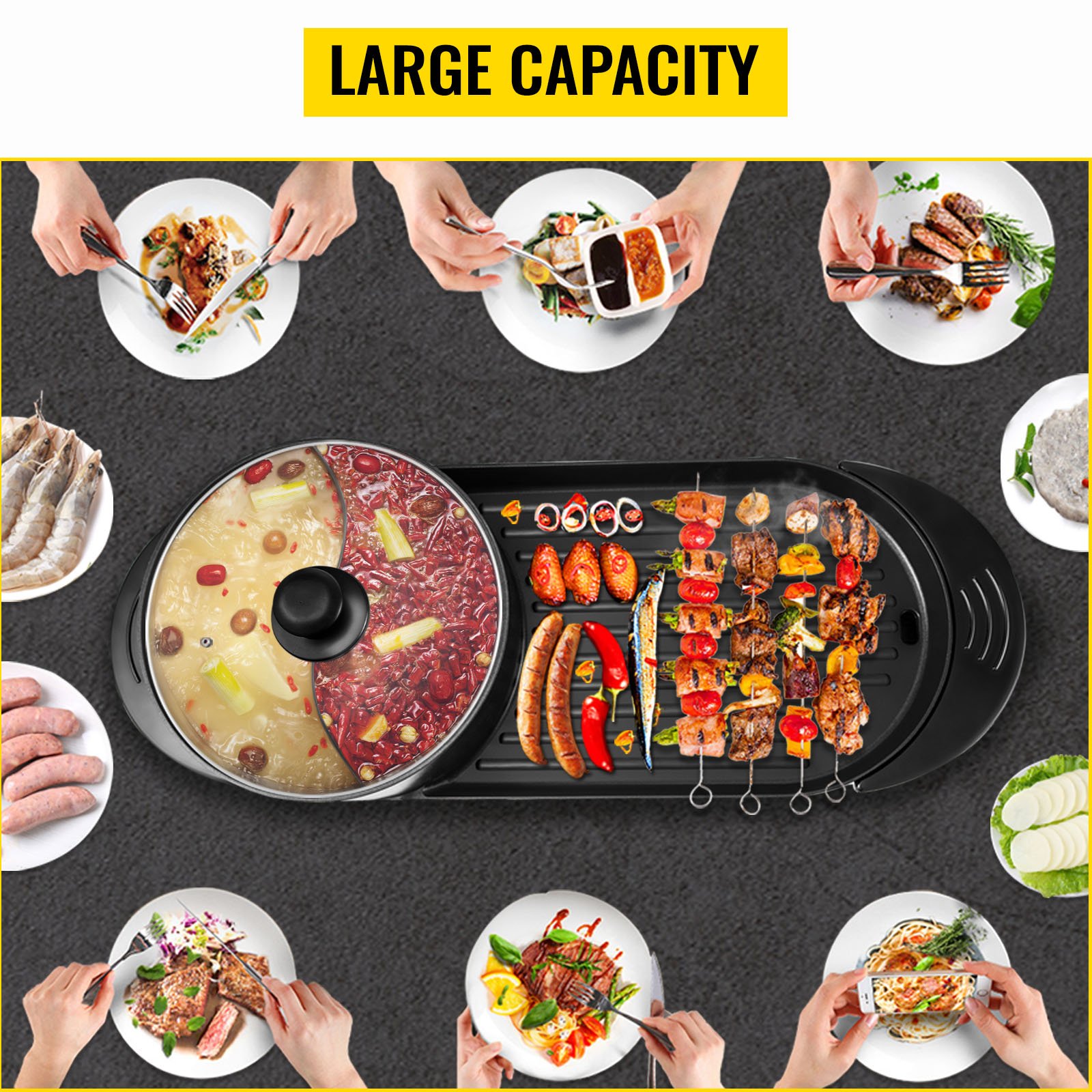 VEVOR 2 in 1 Electric BBQ Pan Grill Hot Pot Portable Smokeless Durable Material Fast Even Heated for Shellfish Vegetables Home