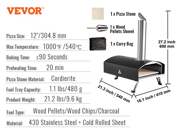 VEVOR Outdoor Pizza Oven 12in Pellet & Charcoal Fired Maker, Portable Outside Stainless Steel Grill for Backyard Party Camping