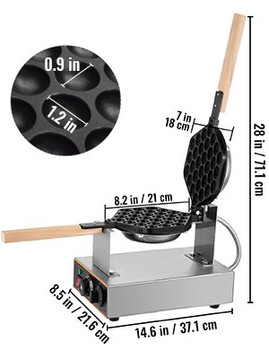 VEVOR Commercial Egg Bubble Waffle Maker 1400W Bubble Puff Iron w/ 180° Rotatable 2 Pans & Wooden Handles Stainless Steel Baker