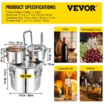 VEVOR 3/5/8 Gal Stainless Steel Alcohol Distiller with Copper Tube & Build-in Thermometer Double Thumper Keg Home Brewing Kit 8