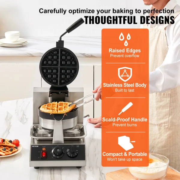 VEVOR Electric Waffle Maker Round Waffle Iron Non-Stick Waffle Baker Machine Teflon-Coated Baking Pans Stainless Steel for Home 5