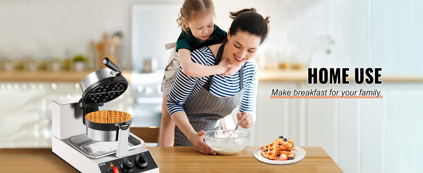 VEVOR Electric Waffle Maker Round Waffle Iron Non-Stick Waffle Baker Machine Teflon-Coated Baking Pans Stainless Steel for Home