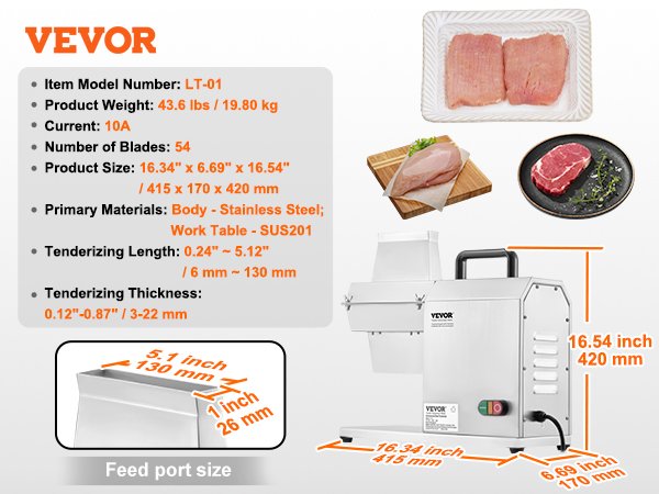 VEVOR Commercial Meat Tenderizer, Heavy Duty Stainless Steel Kitchen Tool,450W Electric Meat Tenderizer Machine for Beef,Chicken