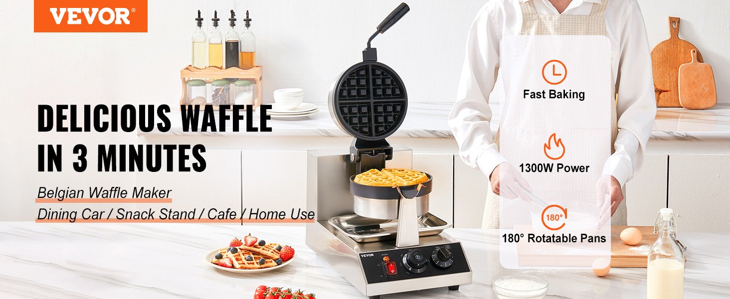 VEVOR Electric Waffle Maker Round Waffle Iron Non-Stick Waffle Baker Machine Teflon-Coated Baking Pans Stainless Steel for Home