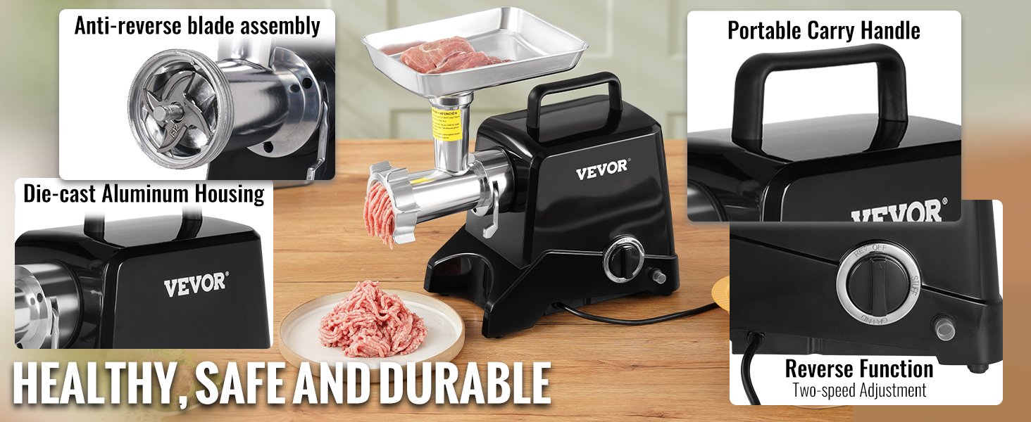 VEVOR Electric Industrial Meat Grinder 419 Lb/H 575W（1100W MAX) w/ 2 Blade 3 Grinding Plates Sausage Maker for Home Commercial