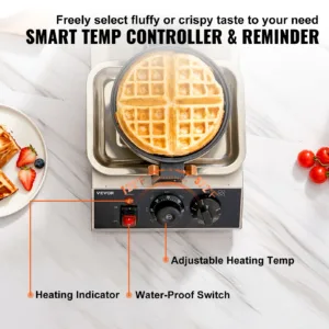 VEVOR Electric Waffle Maker Round Waffle Iron Non-Stick Waffle Baker Machine Teflon-Coated Baking Pans Stainless Steel for Home 3