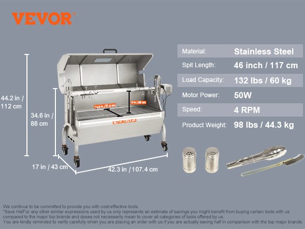 VEVOR Stainless Steel Rotisserie Grill BBQ Whole Pig Charcoal Spit Grill, Electric BBQ Hog Rotisserie, Lamb Rotisserie System