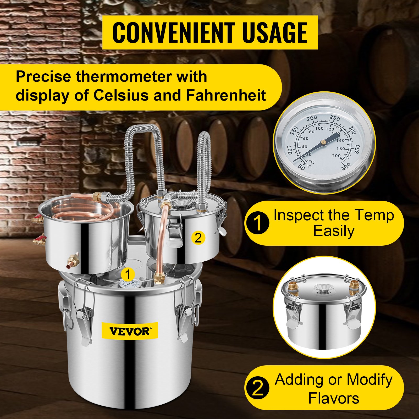 VEVOR 3/5/8 Gal Stainless Steel Alcohol Distiller with Copper Tube & Build-in Thermometer Double Thumper Keg Home Brewing Kit