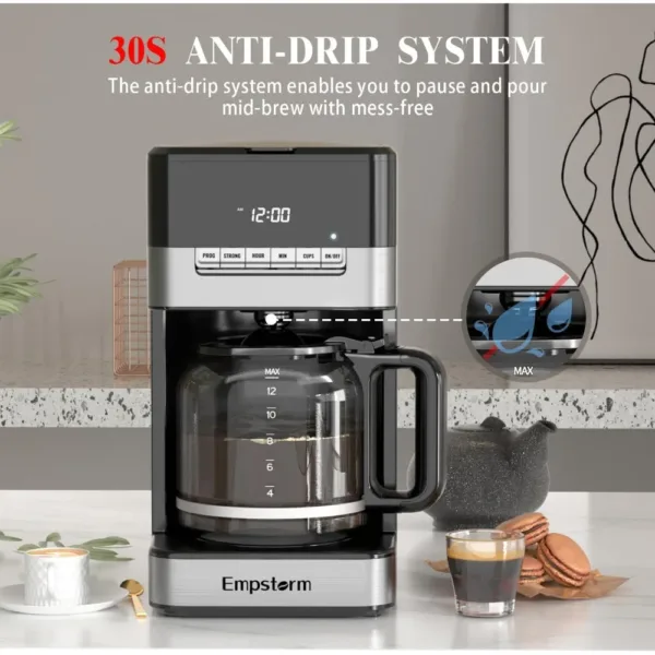 Programmable Drip Coffee Maker 4-12 Cup with Glass Carafe, 4-Hour Auto Shut Off & Keep Warm, Anti-Drip System, Strong Brew 5