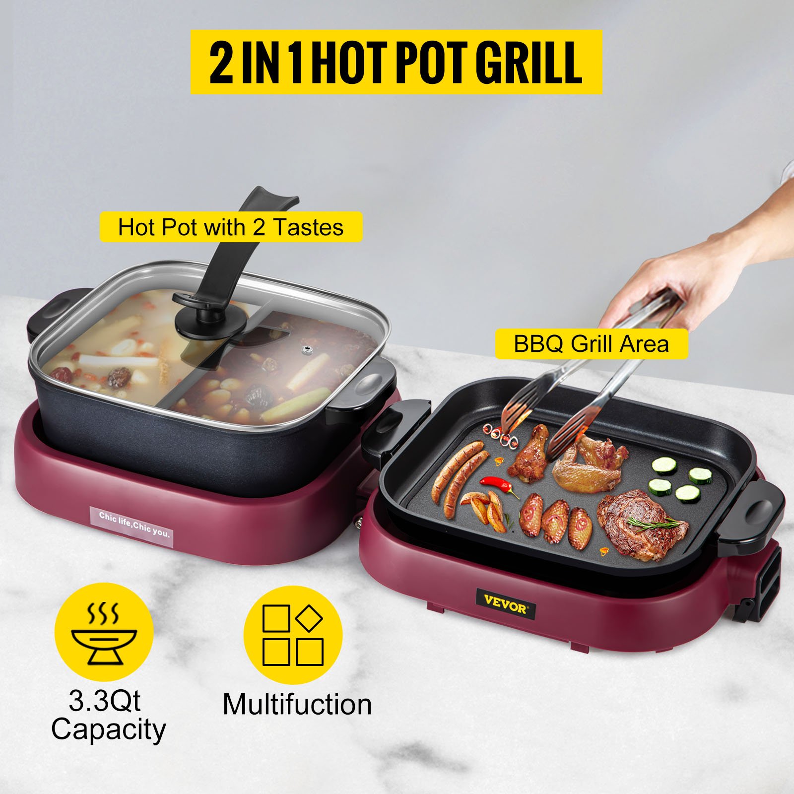 VEVOR 2 in 1 Electric Hot Pot BBQ Grill 2000W Multifunction Portable Home Foldable Non-Stick Split Pot Smokeless Barbecue Pan